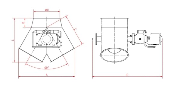 Skirstytuvas dviejų krypčių simetrinis pneumatinis d200mm/2mm, 60°, dažytas