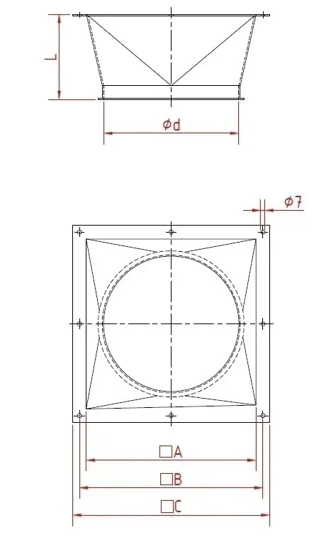 Perėjimas iš kvadrato į apvalų d120/2mm, nerūdijančio plieno
