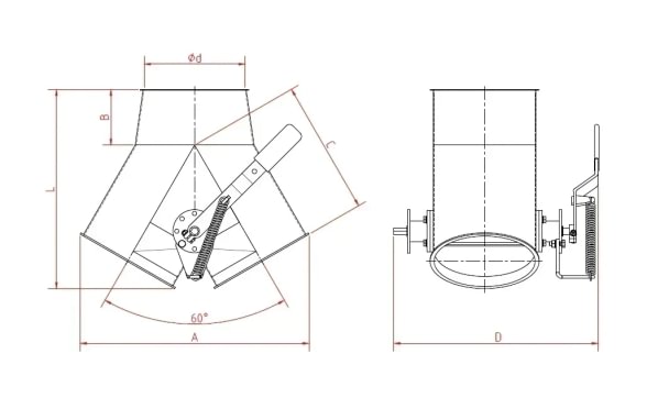 Skirstytuvas dviejų krypčių simetrinis rankinis d175mm/3mm, 60°, cinkuotas