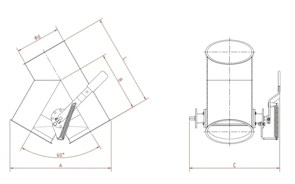 Skirstytuvas dviejų krypčių asimetrinis rankinis d150/2mm, 45°, nerūdijančio plieno