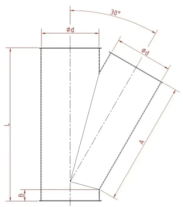 Y-piece DN 120/120/120 x 1,5 mm, 30°, 1.0330, powder-coated