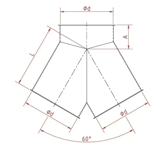 Trišakis simetrinis d100/100/100/2mm, 60°, nerūdijančio plieno