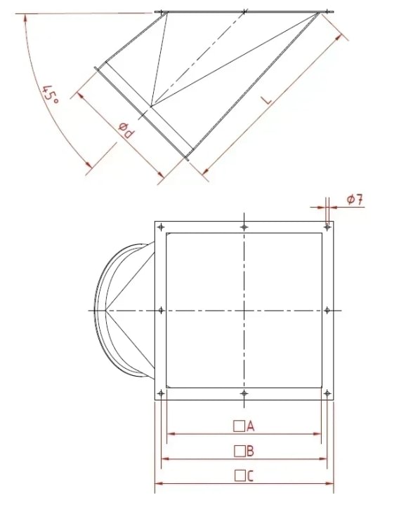 Perėjimas iš kvadrato į apvalų d175/1,5mm, 45°, dažytas