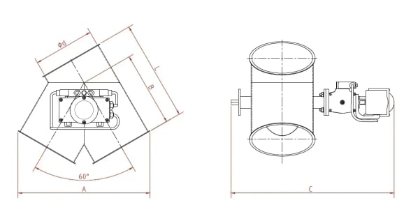 Skirstytuvas dviejų krypčių asimetrinis pneumatinis d175mm/2mm, 60°, dažytas