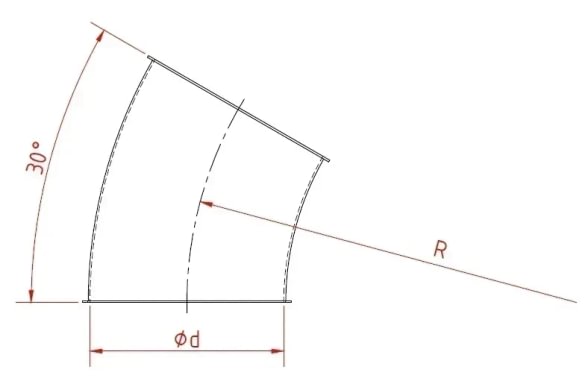 Alkūnė d100mm/1,5mm/30°, R=2D, dažyta