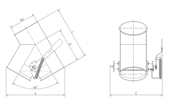 Skirstytuvas dviejų krypčių asimetrinis rankinis d150/3mm, 45°, cinkuotas