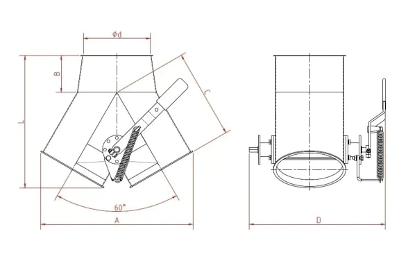 Skirstytuvas dviejų krypčių simetrinis rankinis d150/2mm, 45°, nerūdijančio plieno