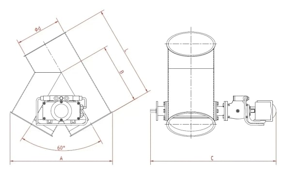 Skirstytuvas dviejų krypčių asimetrinis pneumatinis d400/2mm, 45°, nerūdijančio plieno
