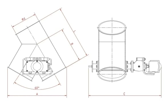 Skirstytuvas dviejų krypčių asimetrinis pneumatinis d200/2mm, 45°, nerūdijančio plieno