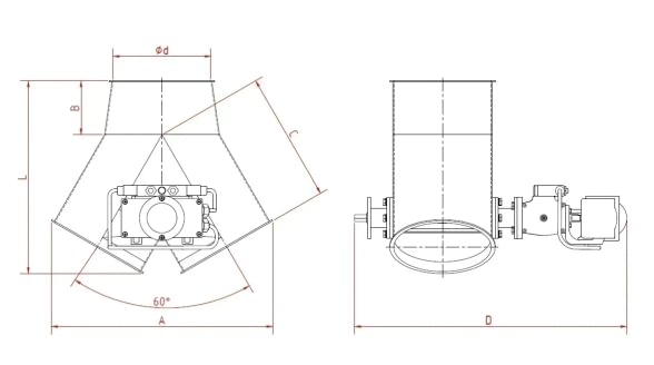 Skirstytuvas dviejų krypčių simetrinis pneumatinis d200/3mm, 45°, dažytas