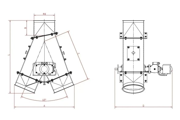Skirstytuvas dviejų krypčių simetrinis pneumatinis d200/3mm, 45°, dažytas