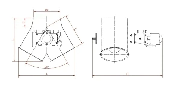 Skirstytuvas dviejų krypčių simetrinis pneumatinis d200mm/2mm, 60°, nerūdijančio plieno